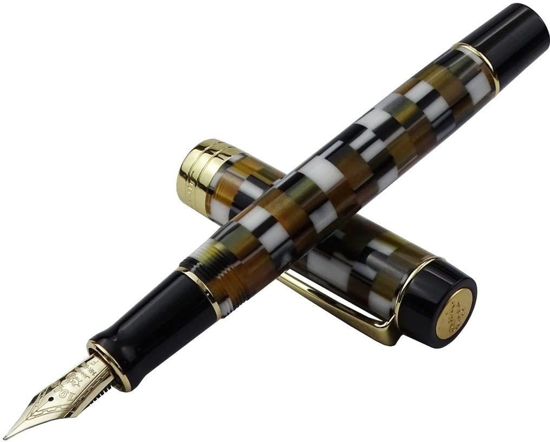 Jinhao 100 Centennial Gold Fountain Pen – Fine Nib, Brown Resin Checkerboard Design with Ink Pot