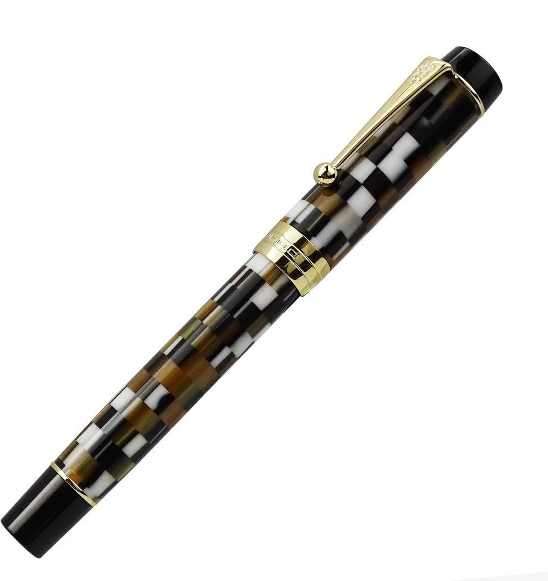 Jinhao 100 Centennial Gold Fountain Pen – Fine Nib, Brown Resin Checkerboard Design with Ink Pot