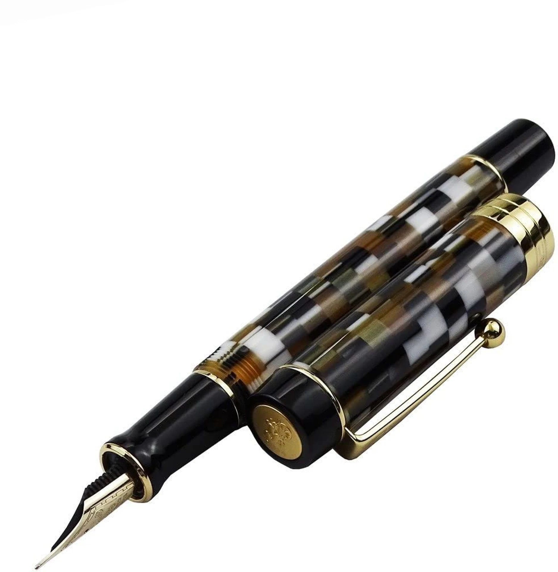 Jinhao 100 Centennial Gold Fountain Pen – Fine Nib, Brown Resin Checkerboard Design with Ink Pot
