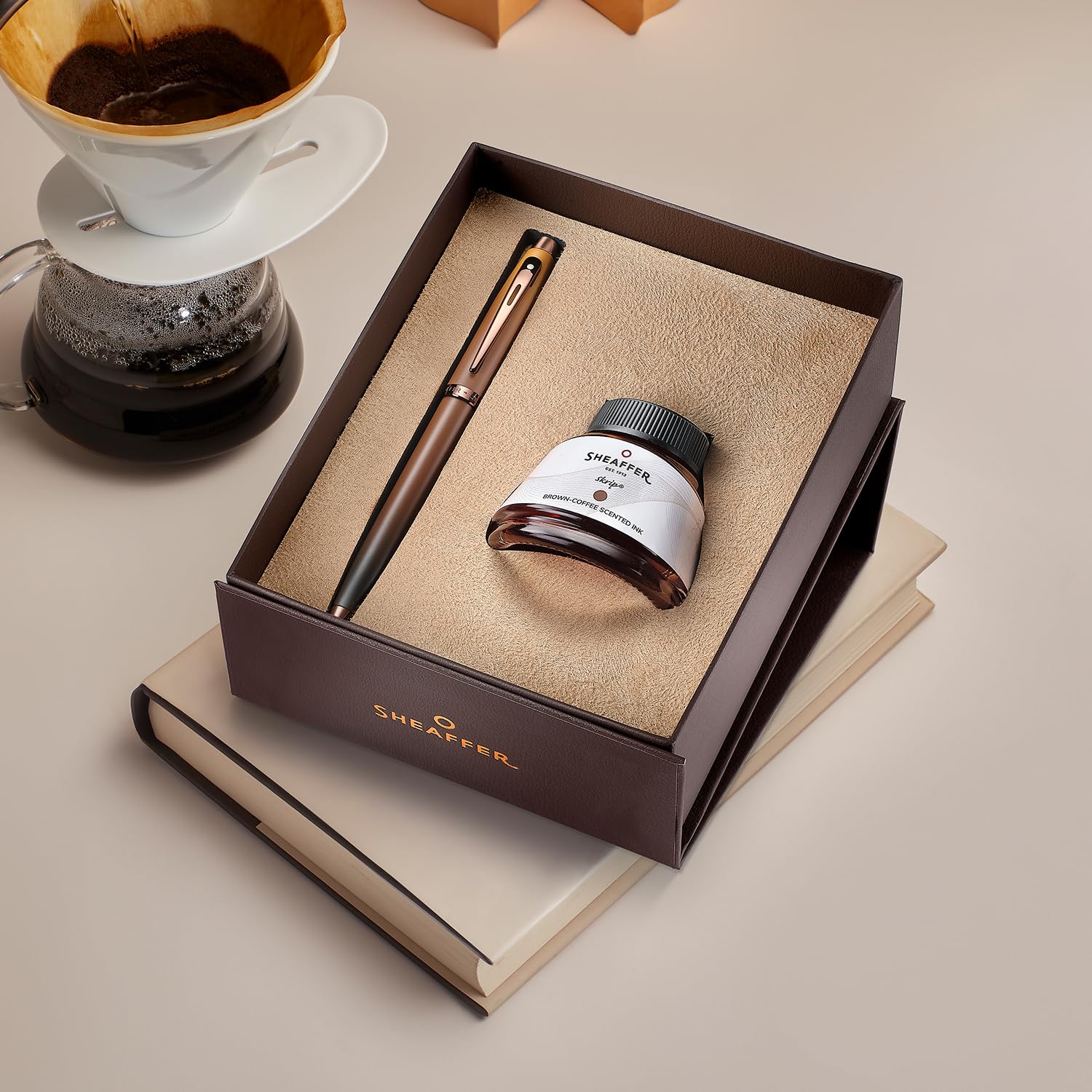 Sheaffe Gift Set 100 Coffee Edition Fountain Pen (Medium) with Regal Brown PVD Trims and Coffee Scented Skrip Ink (50 ml)