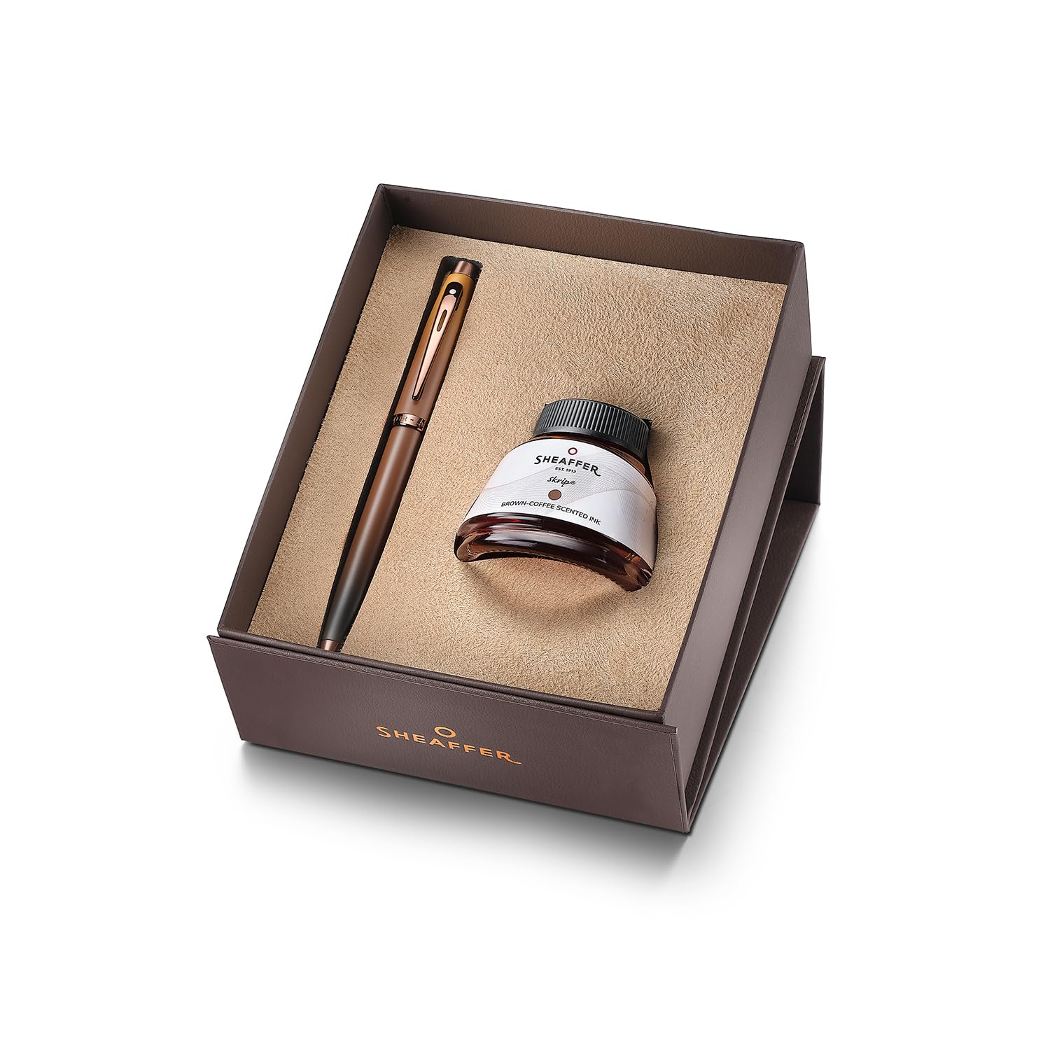 Sheaffe Gift Set 100 Coffee Edition Fountain Pen (Medium) with Regal Brown PVD Trims and Coffee Scented Skrip Ink (50 ml)