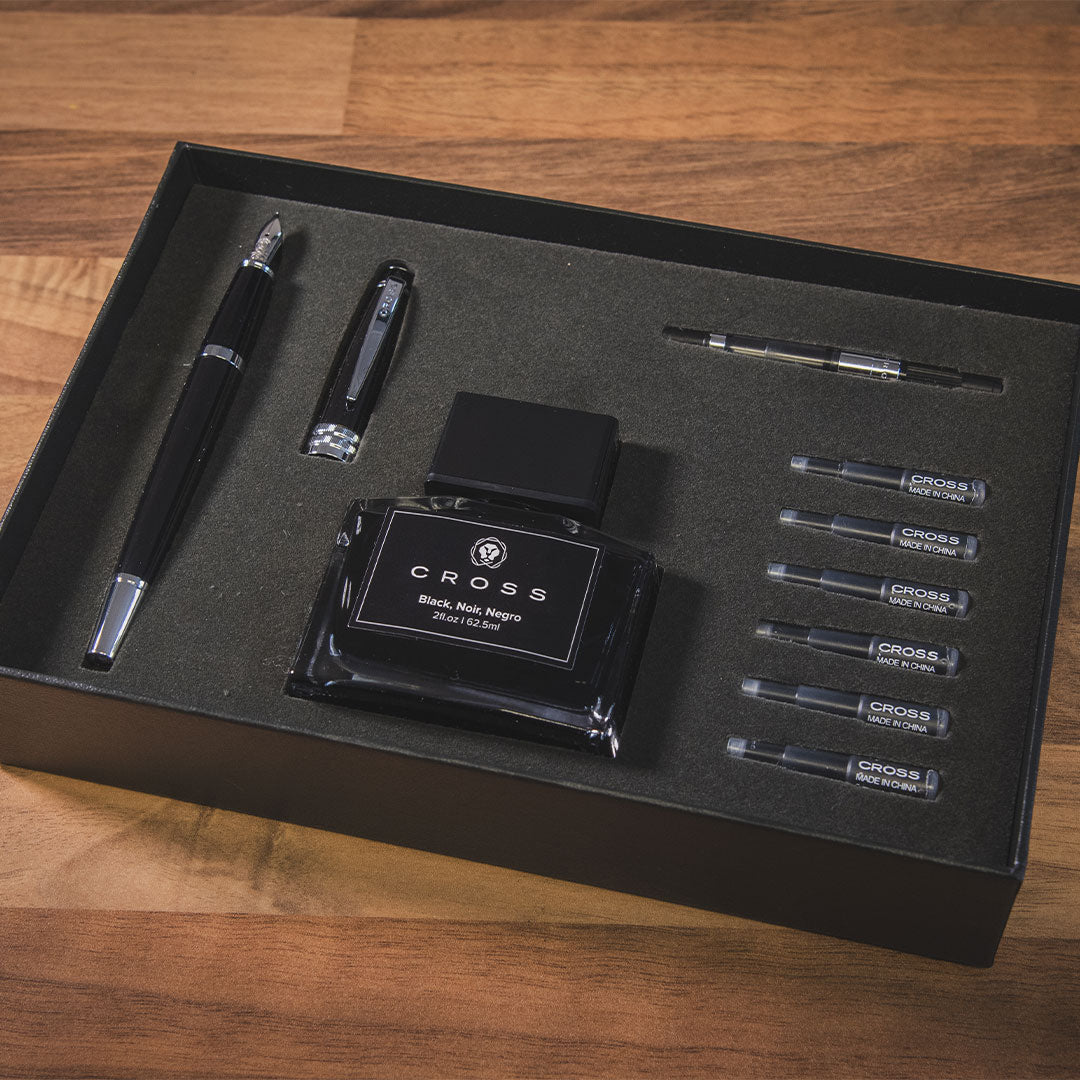 Cross Bailey Fountain Pen & Ink Set Black with Chrome Trim