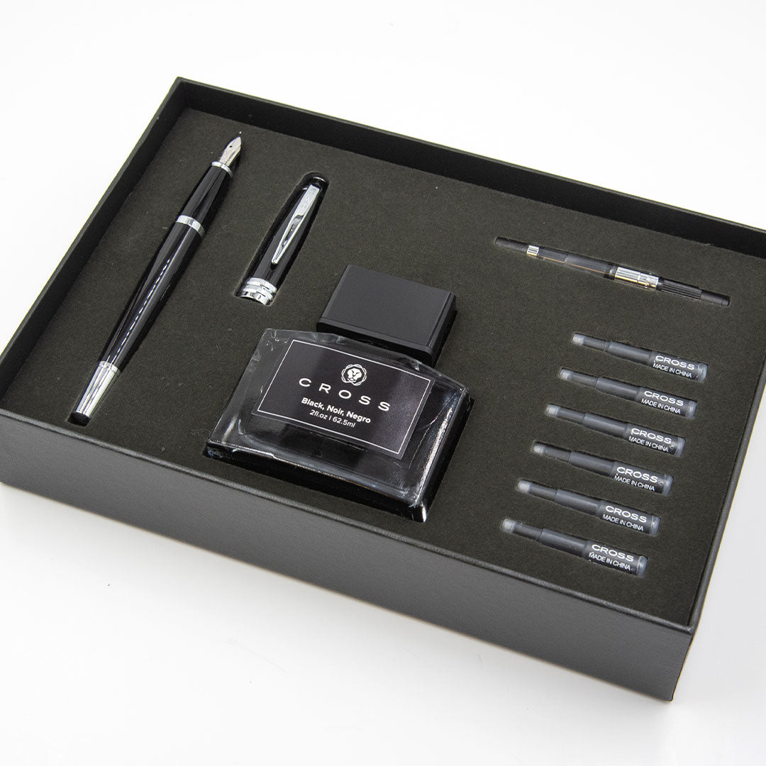 Cross Bailey Fountain Pen & Ink Set Black with Chrome Trim