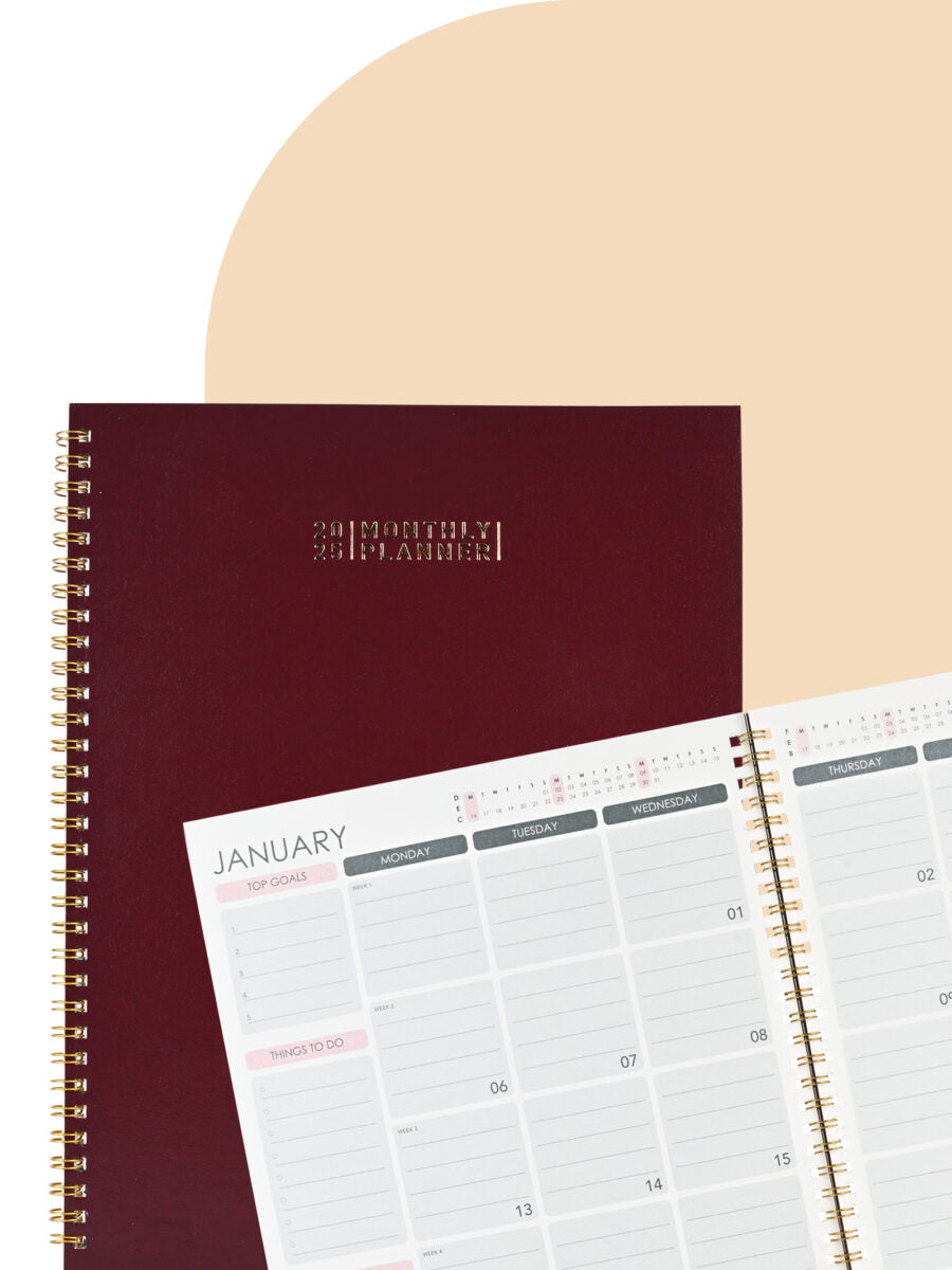 Scholar 2025 Spiral Monthly Planner - Maroon
