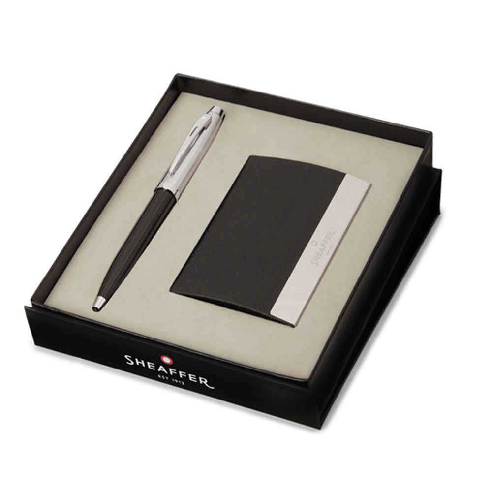 Sheaffer 100 Ballpoint Pen Glossy Black with Chrome trim and Business Card Holder Set