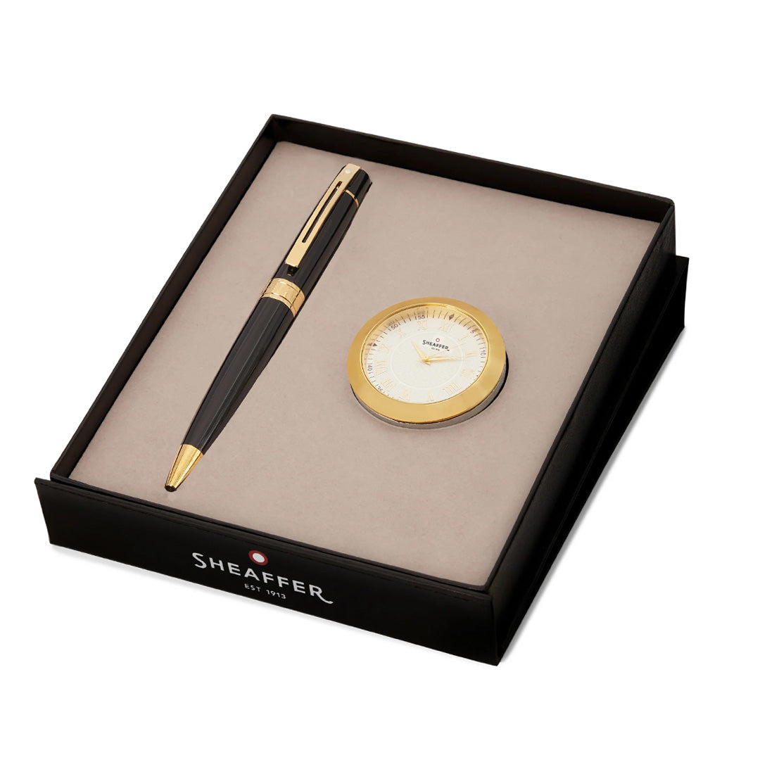 Sheaffer 300 Ballpoint Pen Glossy Black With Gold Tone Trim With Gold Plated Table Clock