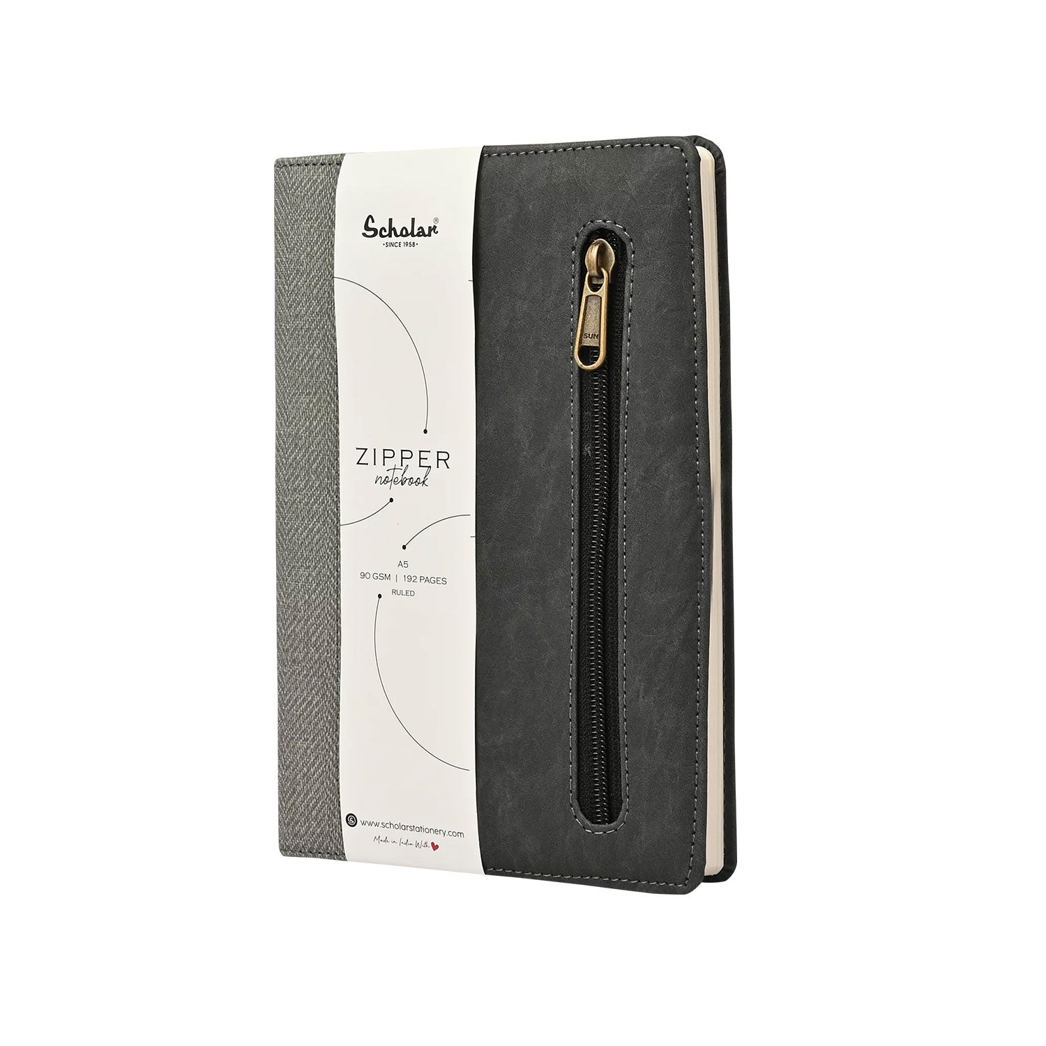 Scholar Zipper Grey Notebook - A5, Ruled