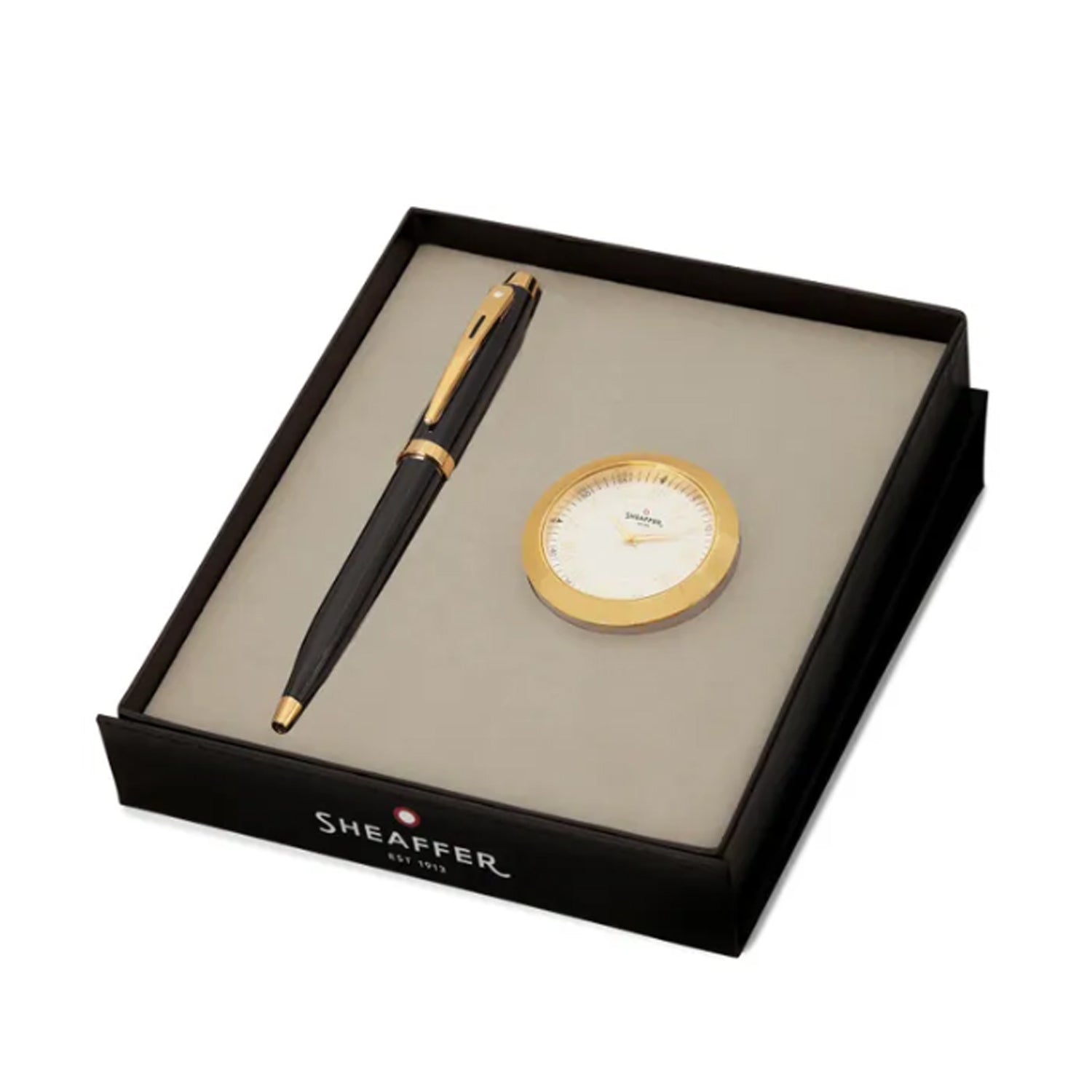 Sheaffer Gift Set - 100 Series Glossy Black GT Ball Pen with Gold Table Clock