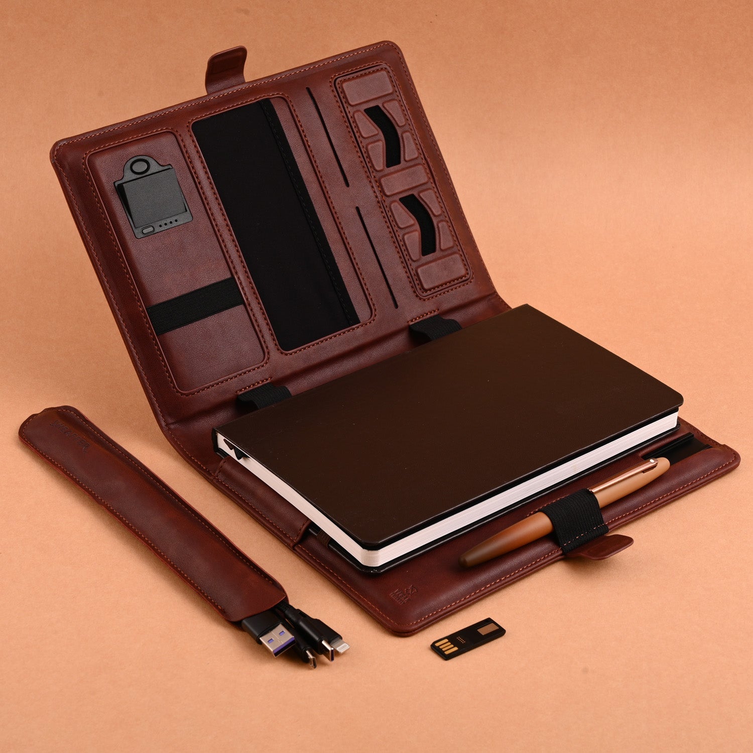 Sheaffer Superbook Organizer with Wireless Charging + 12000 mAh Powerbank and 16GB Pendrive - Brown