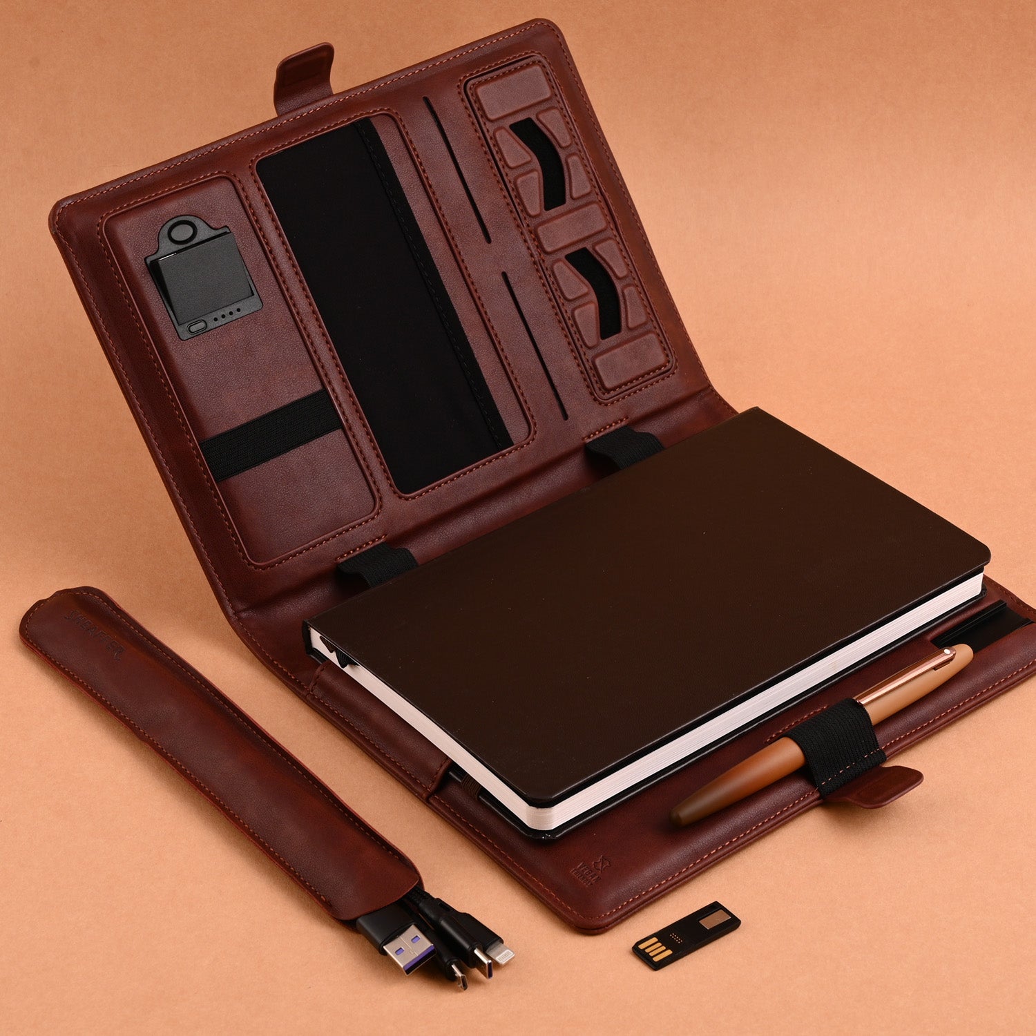 Sheaffer Superbook Organizer with Wireless Charging + 12000 mAh Powerbank and 16GB Pendrive - Brown