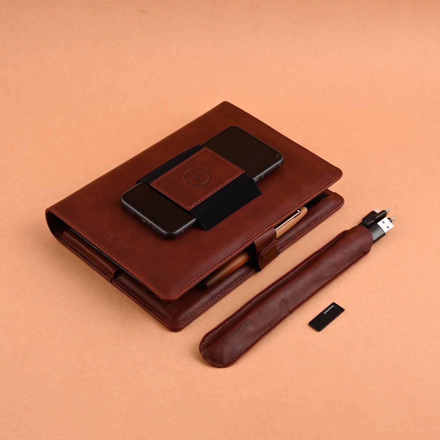 Sheaffer Superbook Organizer with Wireless Charging + 12000 mAh Powerbank and 16GB Pendrive - Brown