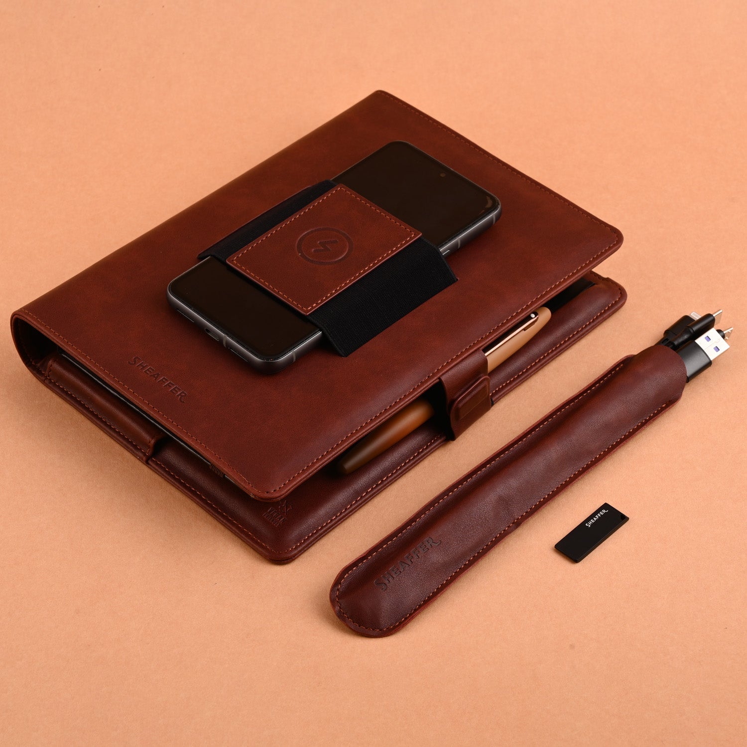 Sheaffer Superbook Organizer with Wireless Charging + 12000 mAh Powerbank and 16GB Pendrive - Brown