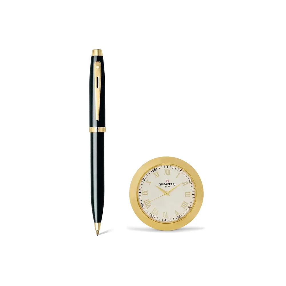 Sheaffer Gift  set 100 Glossy Black GT Ball Pen with Gold-Chrome Table Clock