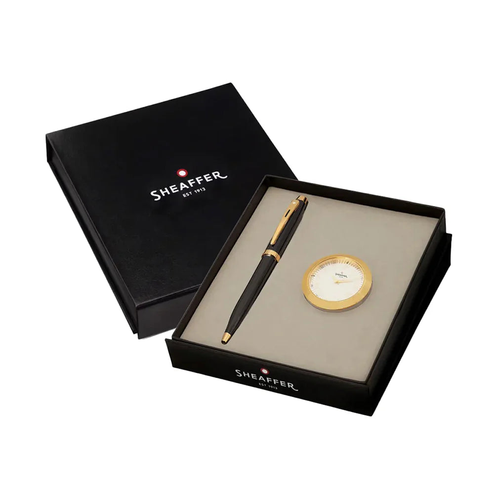 Sheaffer Gift  set 100 Glossy Black GT Ball Pen with Gold-Chrome Table Clock