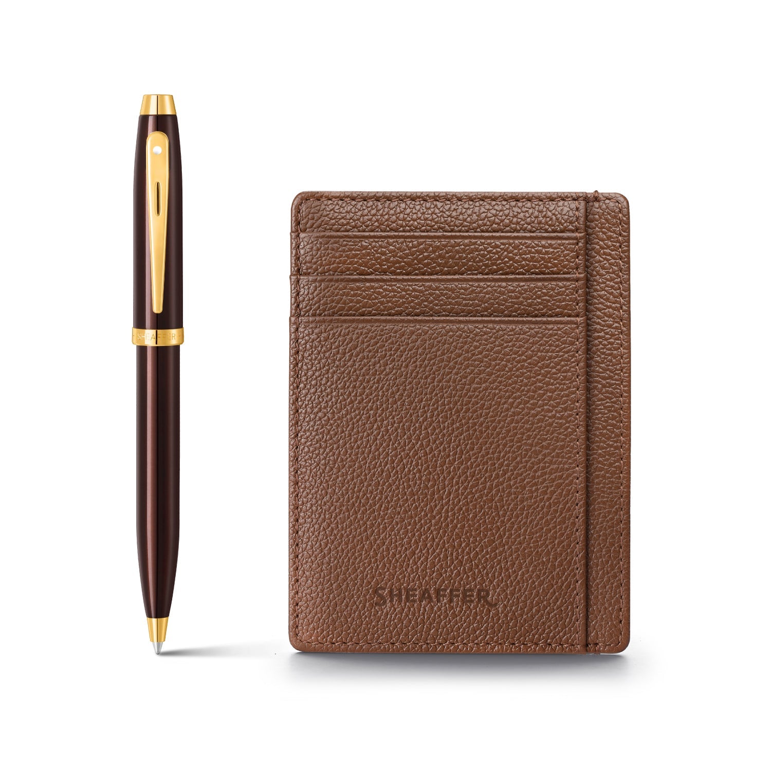 Sheaffer Gift Set ft. Glossy Brown 100 Ballpoint Pen with Gold Trims and Rustic Mocha Credit Card Holder