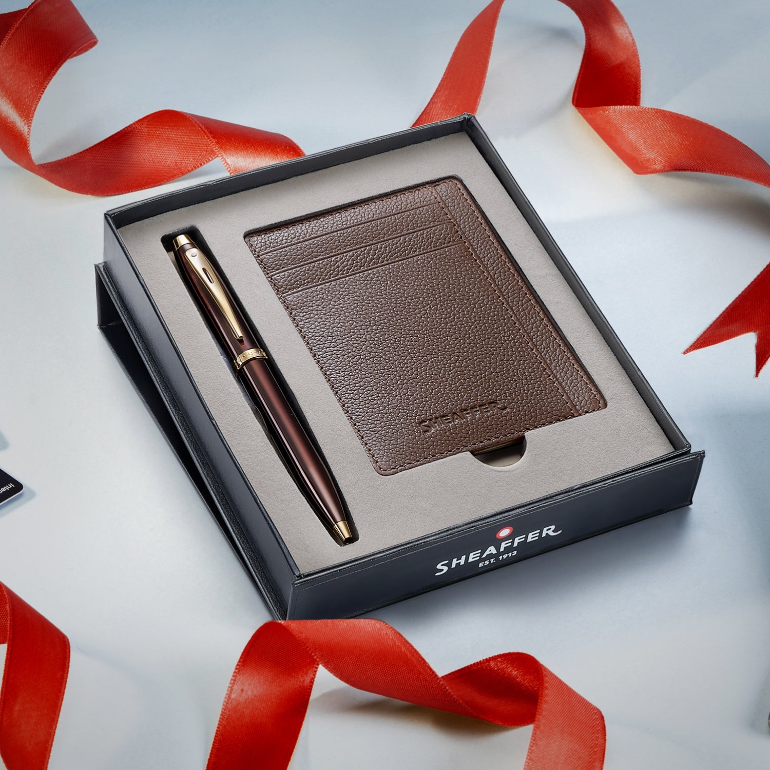 Sheaffer Gift Set ft. Glossy Brown 100 Ballpoint Pen with Gold Trims and Rustic Mocha Credit Card Holder