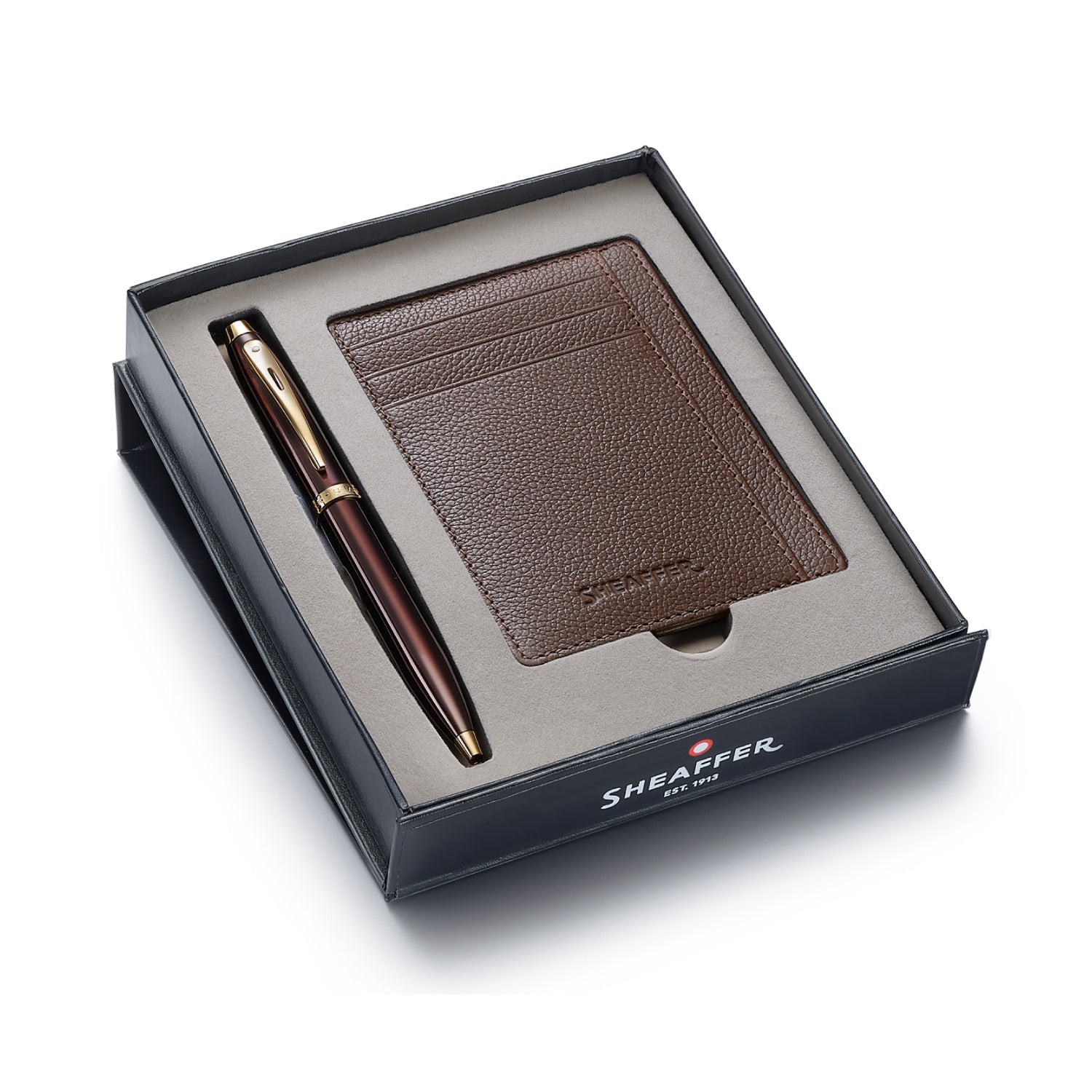 Sheaffer Gift Set ft. Glossy Brown 100 Ballpoint Pen with Gold Trims and Rustic Mocha Credit Card Holder