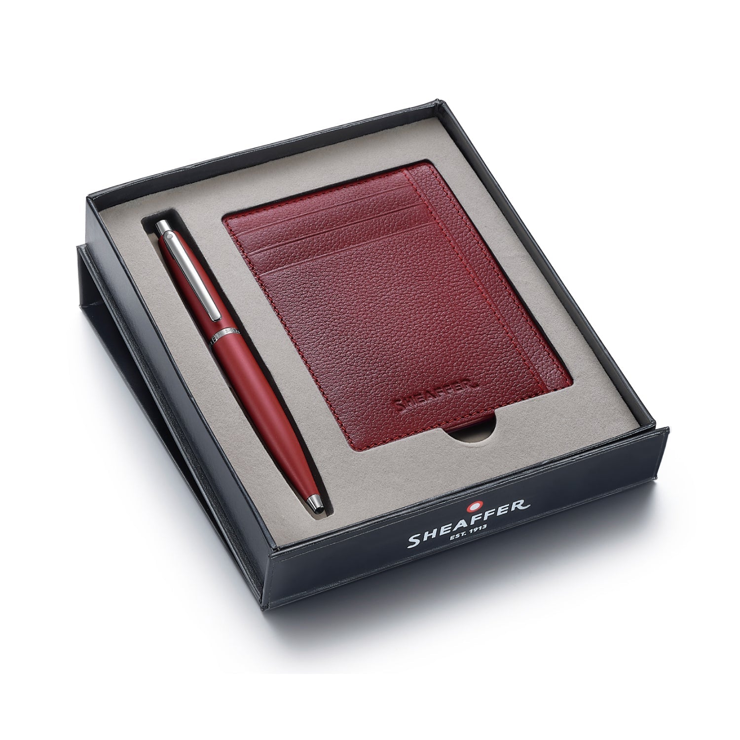 Sheaffer Gift Set ft. Excessive Red VFM  Ballpoint Pen with Chrome Trims and Scarlet Blaze Credit Card Holder