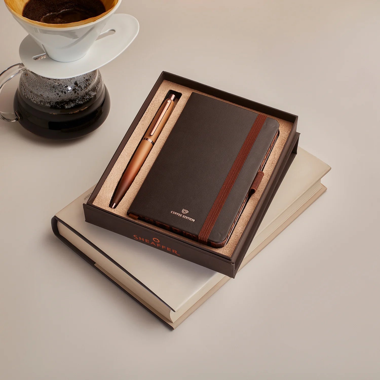 Sheaffer Gift Set ft. Coffee Edition VFM Ballpoint Pen with Regal Brown PVD Trims and Small Notebook