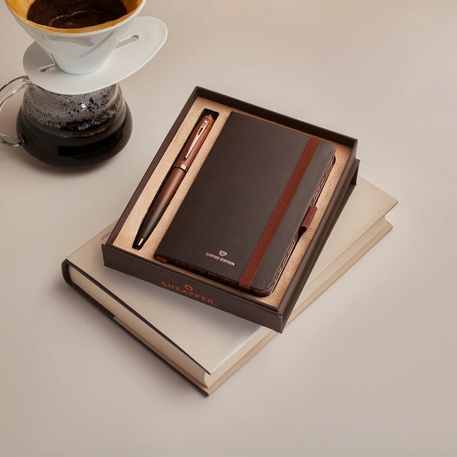 Sheaffer Gift Set ft. Coffee Edition 100 Ballpoint Pen with Regal Brown PVD Trims and Small Notebook