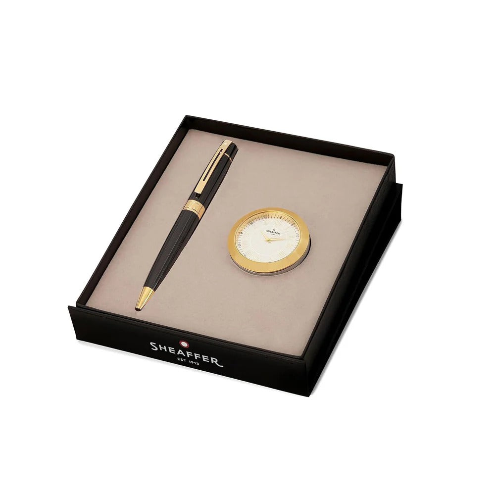 Sheaffer Gift Set 300 Glossy Black with Gold-Tone Trim Ball Pen with Gold Table Clock