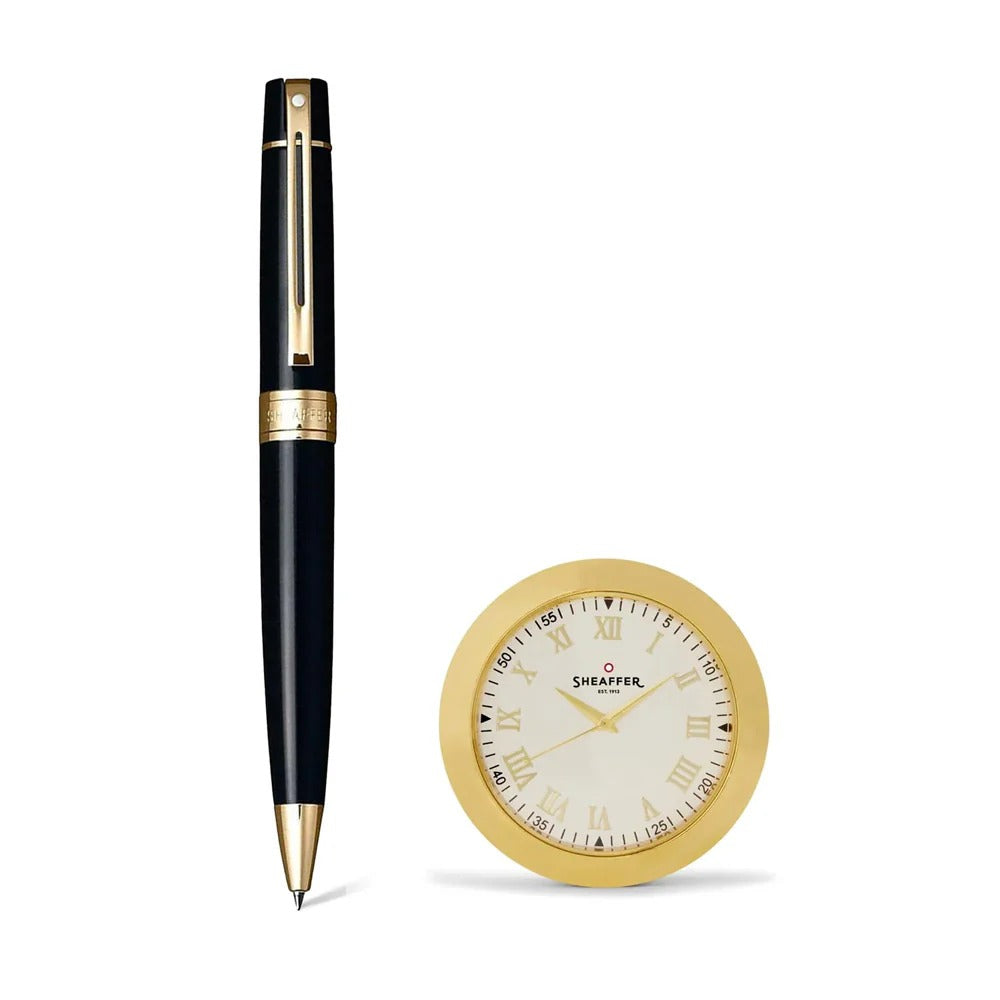 Sheaffer Gift Set 300 Glossy Black with Gold-Tone Trim Ball Pen with Gold Table Clock