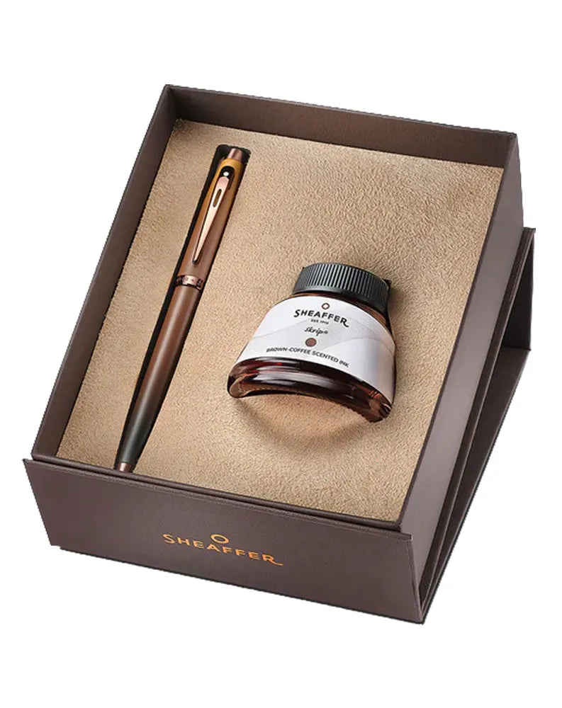 Sheaffe Gift Set 100 Coffee Edition Fountain Pen (Medium) with Regal Brown PVD Trims and Coffee Scented Skrip Ink (50 ml)